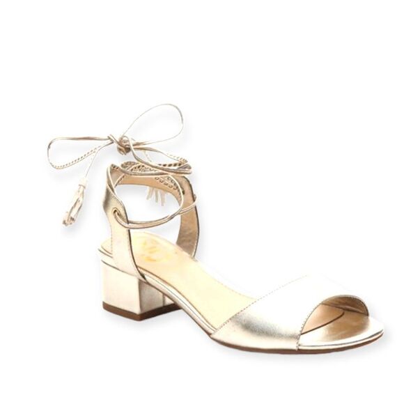 Metallic Gold Lace Up Ankle Open Toe Low Block Heel Sandals NEW - Picture 1 of 4